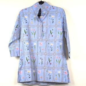Holly Shae Designs Blue Botanical Standing Collar Tunic Blouse NWT